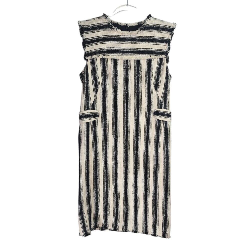 Akris Punto White Black Stripe Boucle Dress Raw Edge Cotton Blend size 6